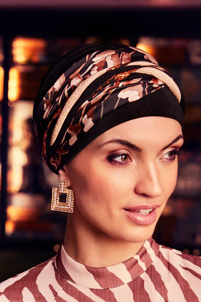 SCARLETT - TURBANTE CON FASCIA RIMOVIBILE - NERO/FANTASIA